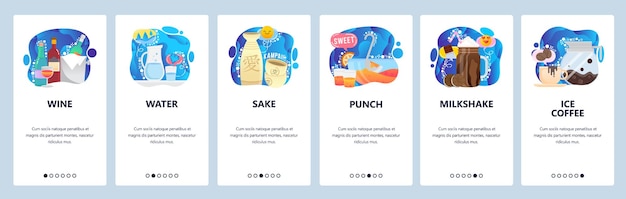 Pantallas de incorporación de aplicaciones móviles Bar bebidas cóctel vino agua sake batido Menú plantilla de banner vectorial para sitio web y desarrollo móvil Diseño de sitio web ilustración plana