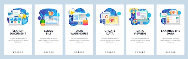 Pantallas de incorporación de aplicaciones móviles Ciencia de datos Tecnología almacenamiento en la nube búsqueda de actualización Menú plantilla de banner vectorial para sitio web y desarrollo móvil Diseño de sitio web ilustración plana