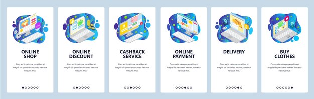 Pantallas de incorporación de aplicaciones móviles Compras en línea Iconos isométricos Devolución de dinero Servicio de entrega y pago Plantilla de banner vectorial de menú para sitio web y desarrollo móvil Diseño de sitio web Ilustración plana
