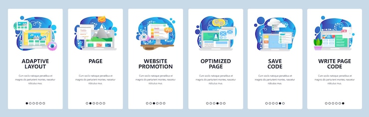 Vector pantallas de incorporación de aplicaciones móviles desarrollo de software web optimización de codificación adaptativa plantilla de banner vectorial de menú para desarrollo de sitios web y móviles diseño del sitio ilustración plana
