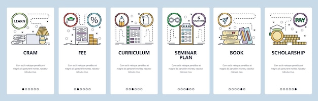 Pantallas de incorporación de aplicaciones móviles Iconos de educación Tasa de matrícula Becas de estudio Libros de exámenes Plantilla de banner vectorial de menú para sitio web y desarrollo móvil Diseño de sitio web Ilustración plana