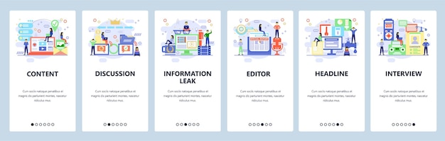 Pantallas de incorporación de aplicaciones móviles Iconos de medios y periódicos Entrevista de contenido del editor Plantilla de banner vectorial de menú para sitio web y desarrollo móvil Diseño de sitio web Ilustración plana