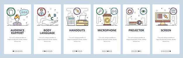 Las pantallas de incorporación de aplicaciones móviles, las pictogramas de conferencias públicas y presentaciones, el micrófono de la pantalla del proyector y