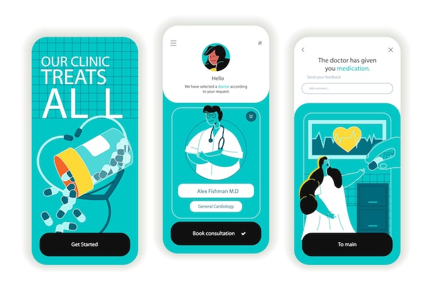 Vector pantallas de incorporación del concepto de clínica médica ui ux gui kit de interfaz de usuario