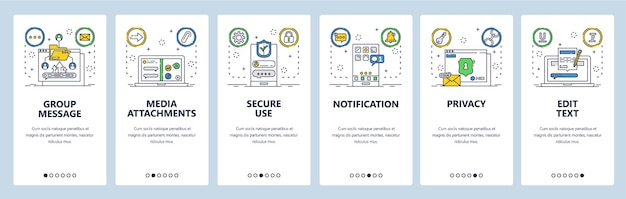 Pantallas de incorporación de sitios web y aplicaciones móviles plantilla vectorial de banner de menú para el desarrollo de sitios Web y aplicaciones Adjuntos de medios de comunicación aplicación de teléfono de mensajería de texto de grupo segura Estilo plano de arte de línea delgada