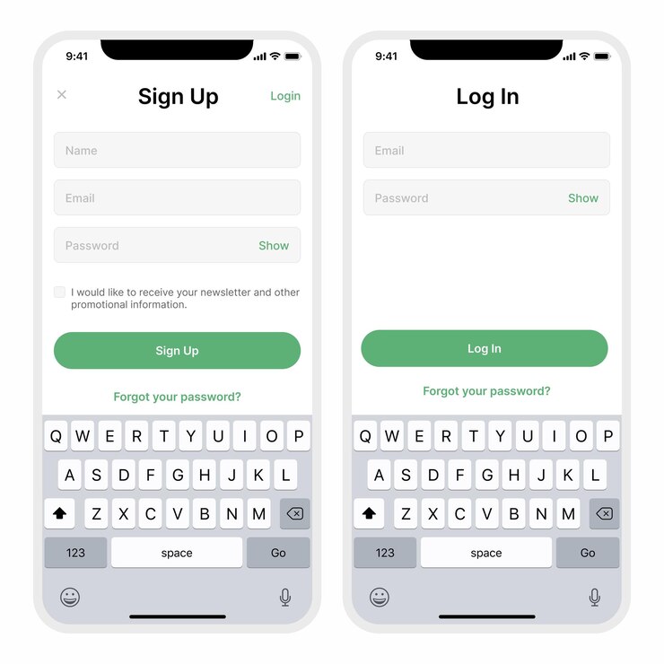 Vector pantallas de inicio de sesión y registro para aplicaciones móviles