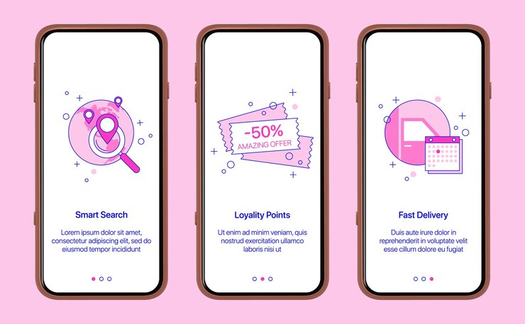 Vector pantallas de introducción de aplicaciones móviles. compras en línea compras por internet con entrega dirigida.