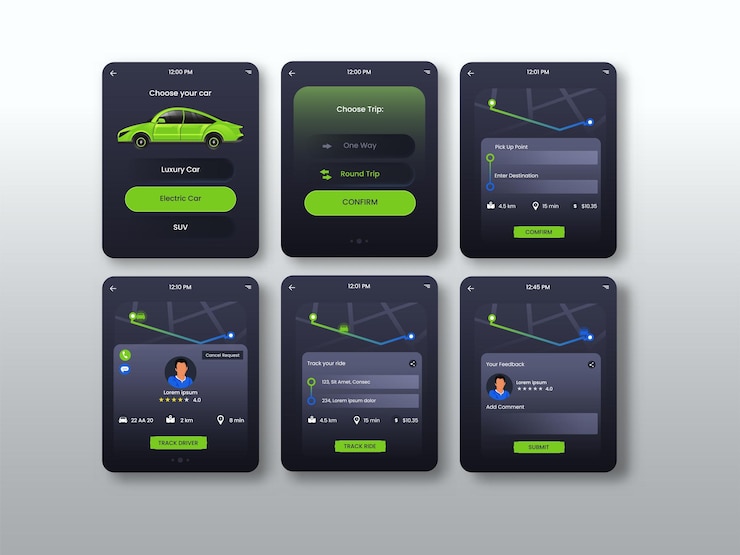 Vector pantallas ui ux de la aplicación de reserva de taxis para relojes inteligentes con funciones de seguimiento de taxis y detalles del conductor