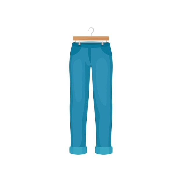Pantalones azules de dibujos animados en percha de ropa Moda para el concepto de hombre Ropa masculina sobre fondo blanco Vector ilustración plana