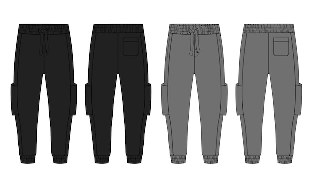 Pantalones de chándal Joggers de color negro y gris Plantilla de vector de dibujo plano de moda de dibujo técnico