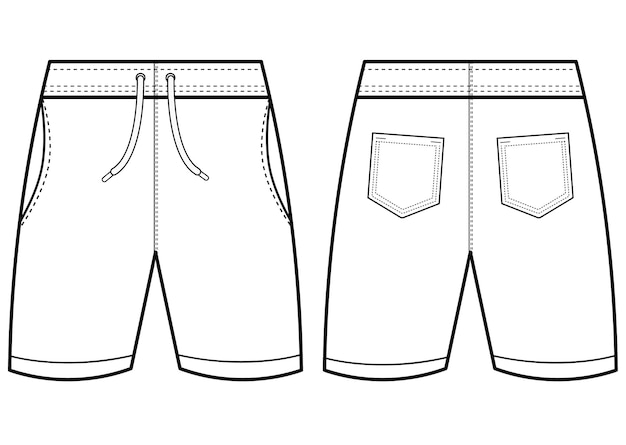 Pantalones cortos de carga para hombres dibujo plano ilustración vectorial moda vista delantera y trasera bolsillos blancos