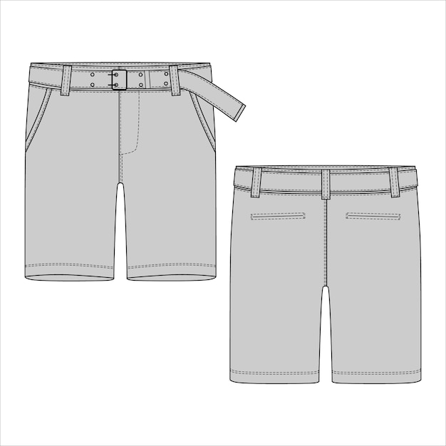 Vector pantalones cortos con dibujo técnico en gris con cinturón.