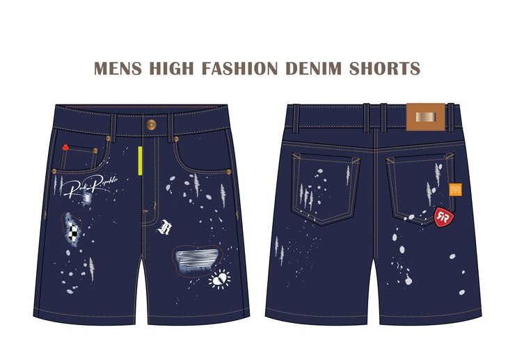 Pantalones cortos de jeans planos dibujo técnico ilustración cinco bolsillos clásico en blanco maquillaje de ropa de calle