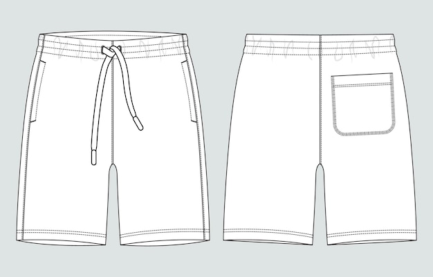 Pantalones cortos técnicos Dibujo de moda boceto plano plantilla de ilustración vectorial delantero y trasero