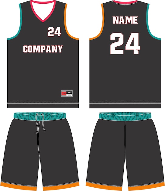 Pantalones cortos de uniforme de baloncesto, plantilla para la camiseta deportiva de vista frontal y trasera del club de baloncesto