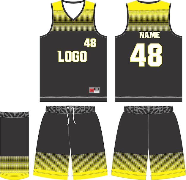 Pantalones cortos de uniforme de baloncesto, plantilla para la camiseta deportiva de vista frontal y trasera del club de baloncesto