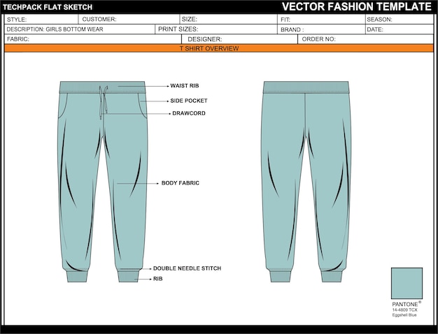 Los pantalones de fondo de las niñas CAD EDITABLE FLAT TECNICAL FASHION SCHETCH VECTOR MOCKUPcdr
