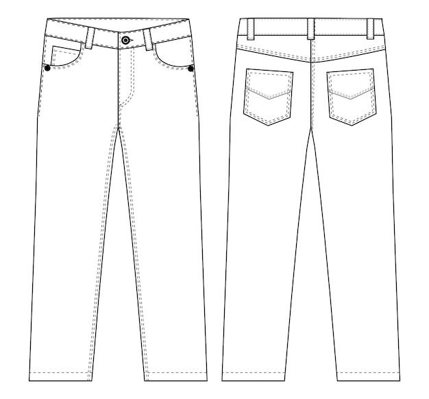 Pantalones largos de denim para hombres boceto plano de moda pantalones vaqueros de moda plantilla de ilustración