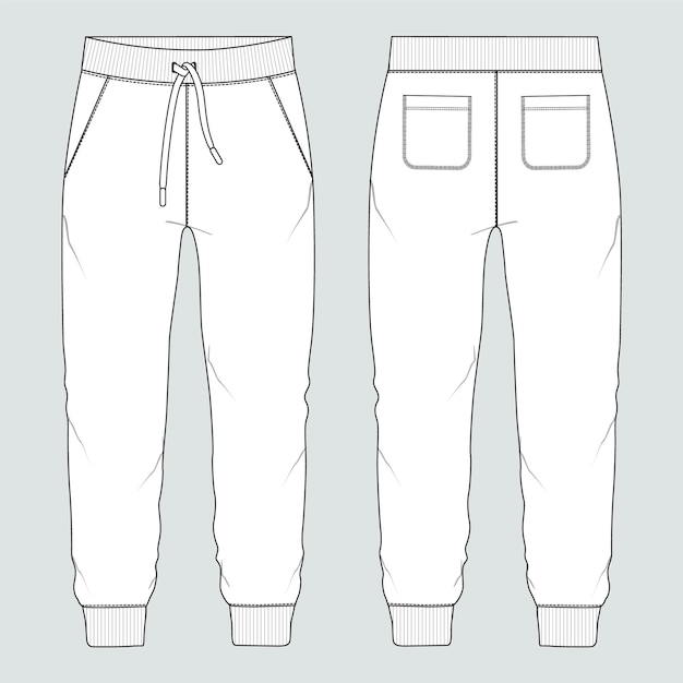 Pantalones de sudadera dibujo técnico moda boceto plano plantilla de ilustración vectorial delantero y trasero