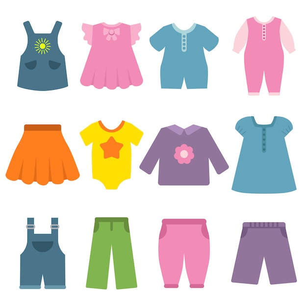 Pantalones, vestidos y otras prendas diferentes para niños y bebés.