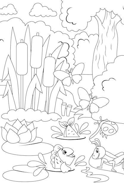 Pantano en el bosque con personajes Diferentes personajes peces insectos y naturaleza libro para colorear
