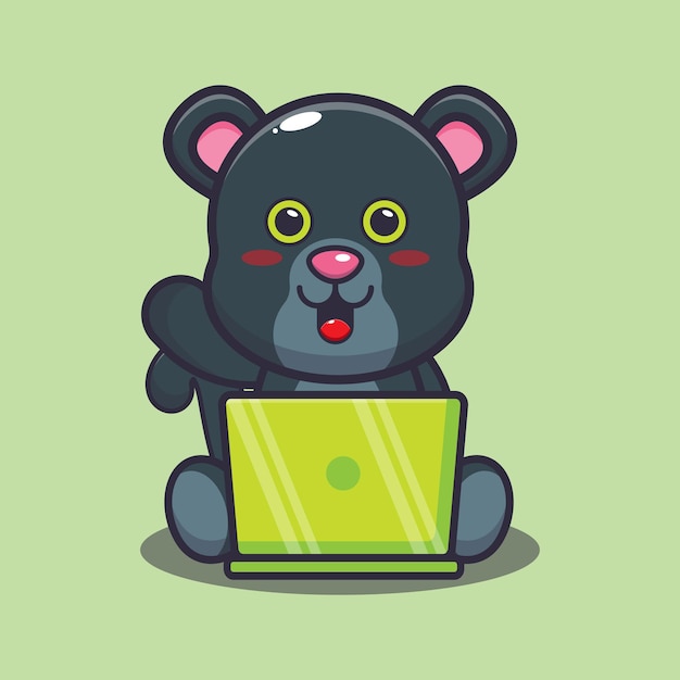 Pantera linda con portátil Ilustración de animales de dibujos animados lindo