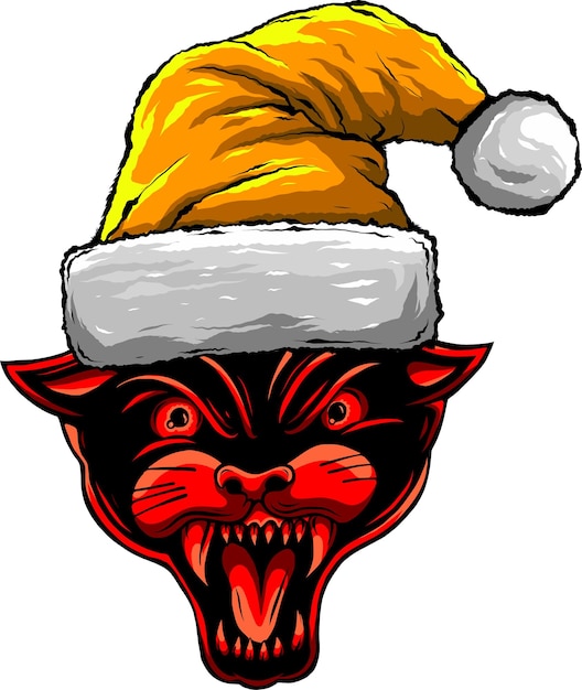 Pantera, puma, puma, gato salvaje, con sombrero navideño de Papá Noel, imagen dibujada a mano para tatuaje, emblema, insignia, logotipo, parche