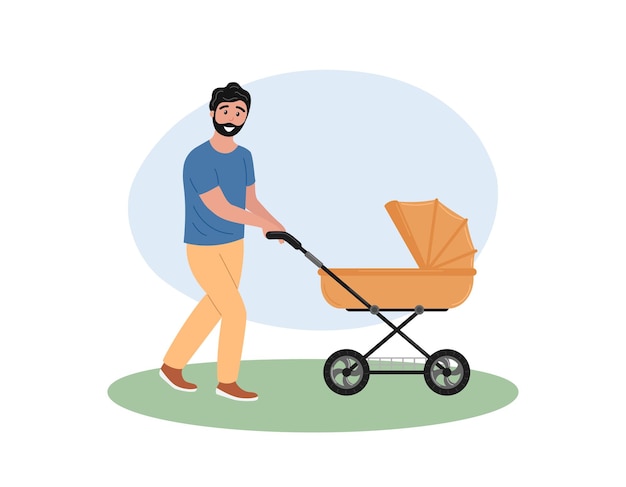 Papá camina con cochecito de bebé en verano padre empujando cochecito para recién nacido joven caminando con niño pequeño ilustración de vector plano