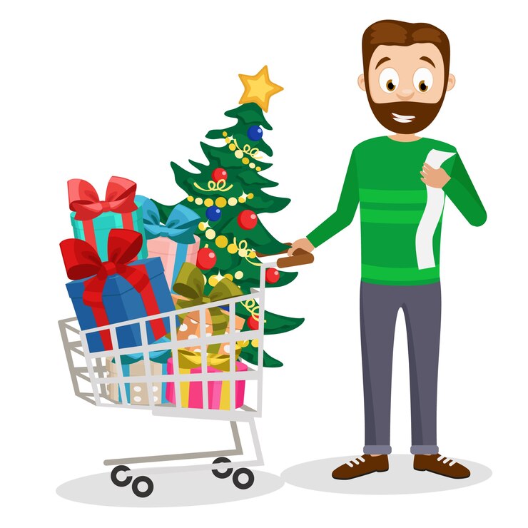 Vector papá compró un carrito lleno de regalos y un árbol de navidad en blanco.