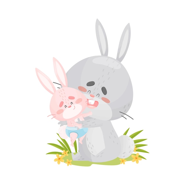 Papá un conejo gris sostiene una hija rosa en sus brazos y se sienta en un prado ilustración vectorial sobre un fondo blanco