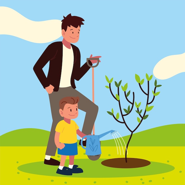 Papá e hijo cuidando el árbol con agua