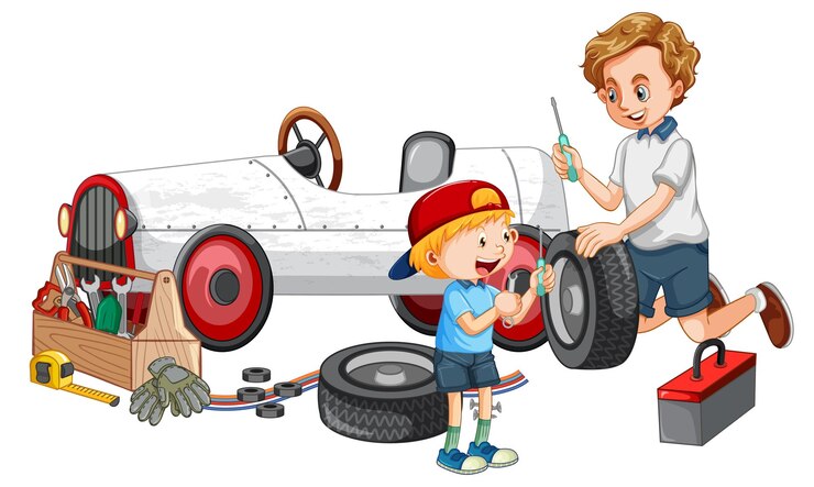 Vector papá e hijo reparando un auto juntos