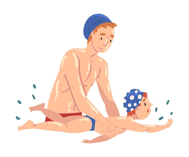 Vector papá enseñando a su hijo pequeño a nadar en la piscina ilustración vectorial