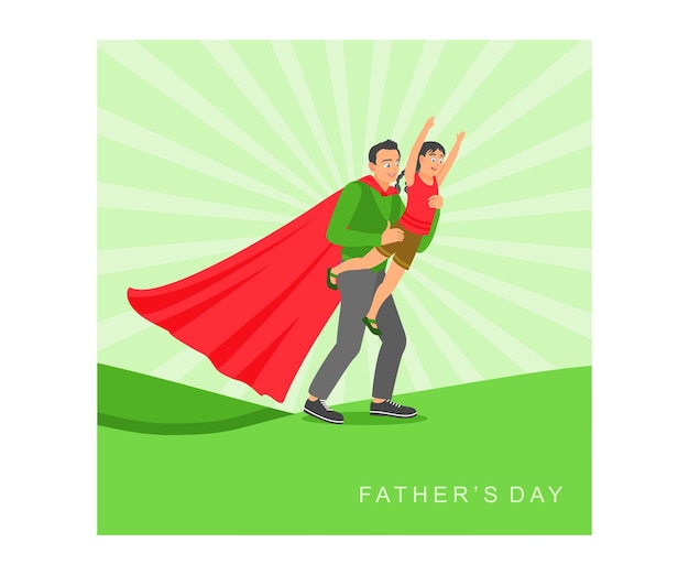 Papá está usando un disfraz de superhéroe jugando con su hija concepto de Día del Padre Ilustración vectorial plana