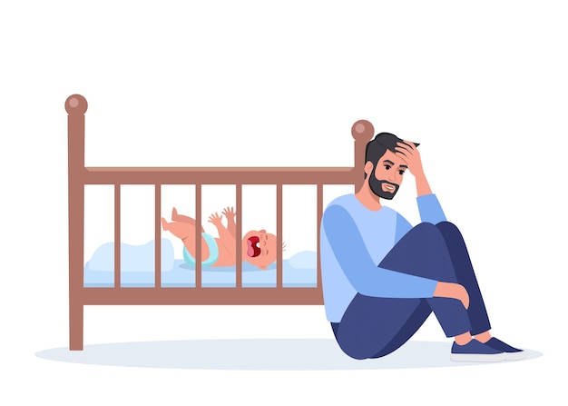 Papá joven cansado por la noche con un bebé llorando en la cuna papá infeliz exhausto y estresado junto a la cuna del recién nacido el niño está llorando histéricamente y levantando las manijas ilustración vectorial
