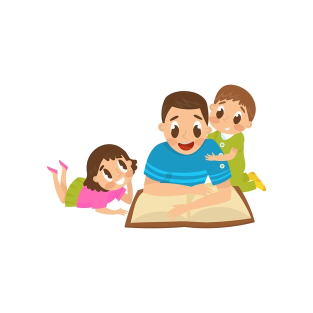 Papá leyendo un libro a su hijo e hija familia vector de concepto de desarrollo temprano ilustración sobre un fondo blanco