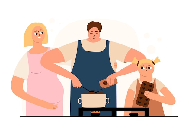 Vector papá mamá embarazada hija preparar postre de chocolate juntos hombre mujer y niña están cocinando