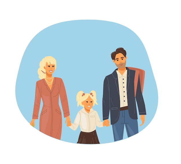 Papá y mamá llevan al colegial a la escuela