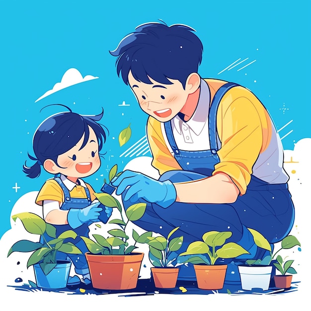 Papá y los niños en la jardinería juntos