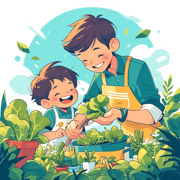 Papá y los niños en la jardinería juntos