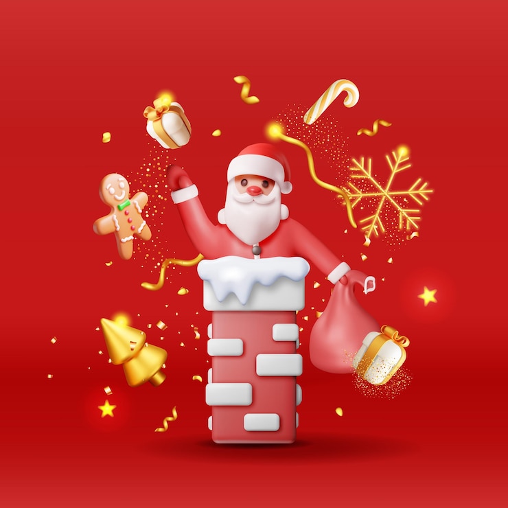 Vector papá noel en 3d con bolsa con regalos en la casa chimney banner render cartoon papá noel atascado en la tubería feliz víspera de navidad vacaciones año nuevo y celebración de navidad ilustración vectorial realista