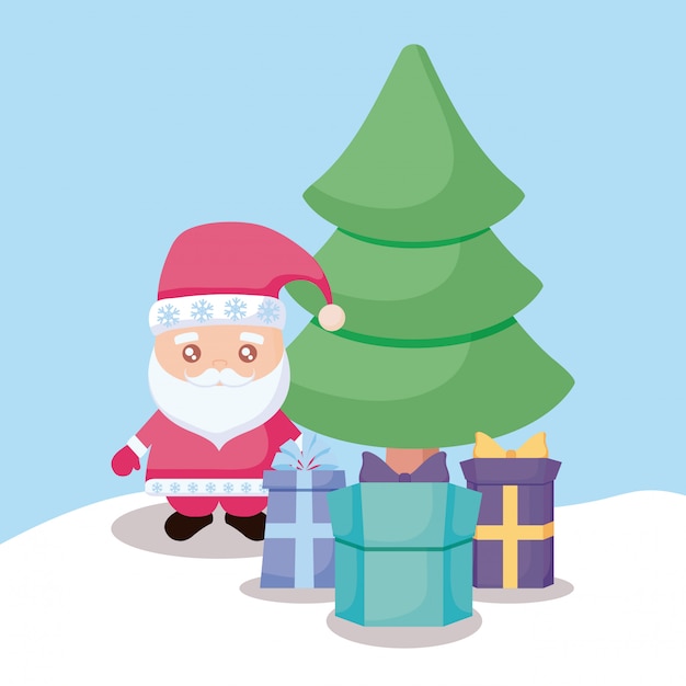 Papá noel con árbol de navidad y cajas de regalo