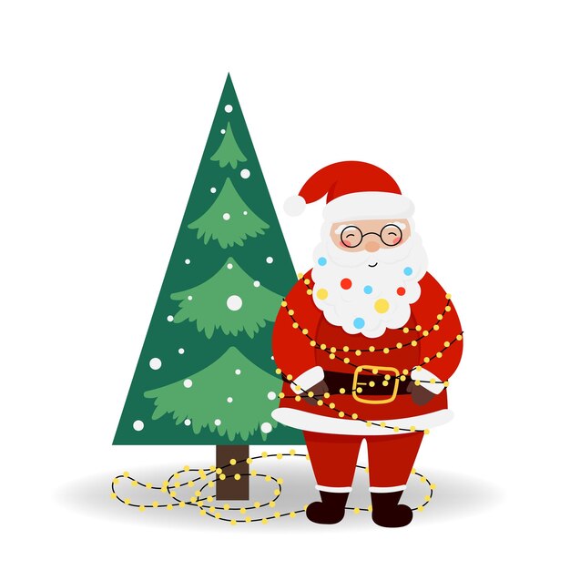 Papá Noel con árbol de Navidad y cajas de regalos en estilo plano aislados para Navidad y nuevos diseños