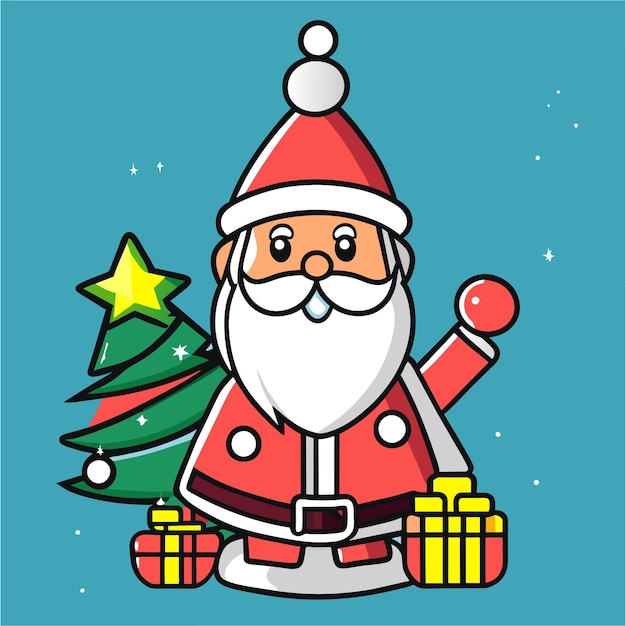 Vector papá noel con árbol de navidad y regalos dibujado a mano adhesivo de dibujos animados elegante