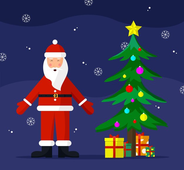 Papá Noel y árbol de Navidad con regalos Feliz Navidad y Feliz Año Nuevo Ilustración vectorial