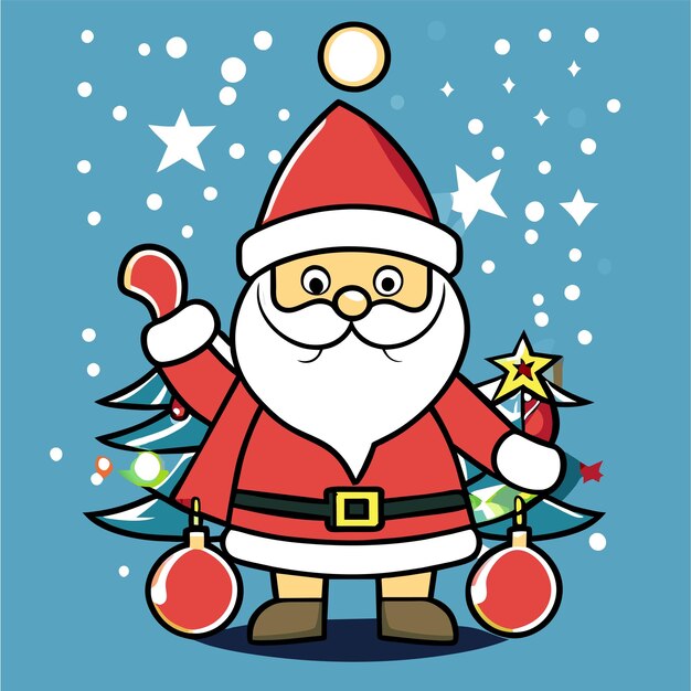 Vector papá noel con árbol de navidad y regalos a mano dibujado adhesivo de dibujos animados plano y elegante