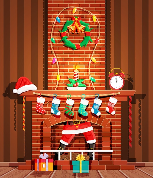 Vector papá noel atrapado en la chimenea. chimenea con calcetines, vela, caja de regalo, guirnalda, guirnalda. feliz año nuevo decoración. feliz navidad. celebración de año nuevo y navidad. estilo plano de ilustración vectorial