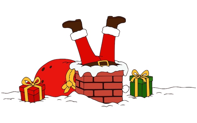 Papá Noel atrapado en una chimenea en la víspera de Navidad con regalos