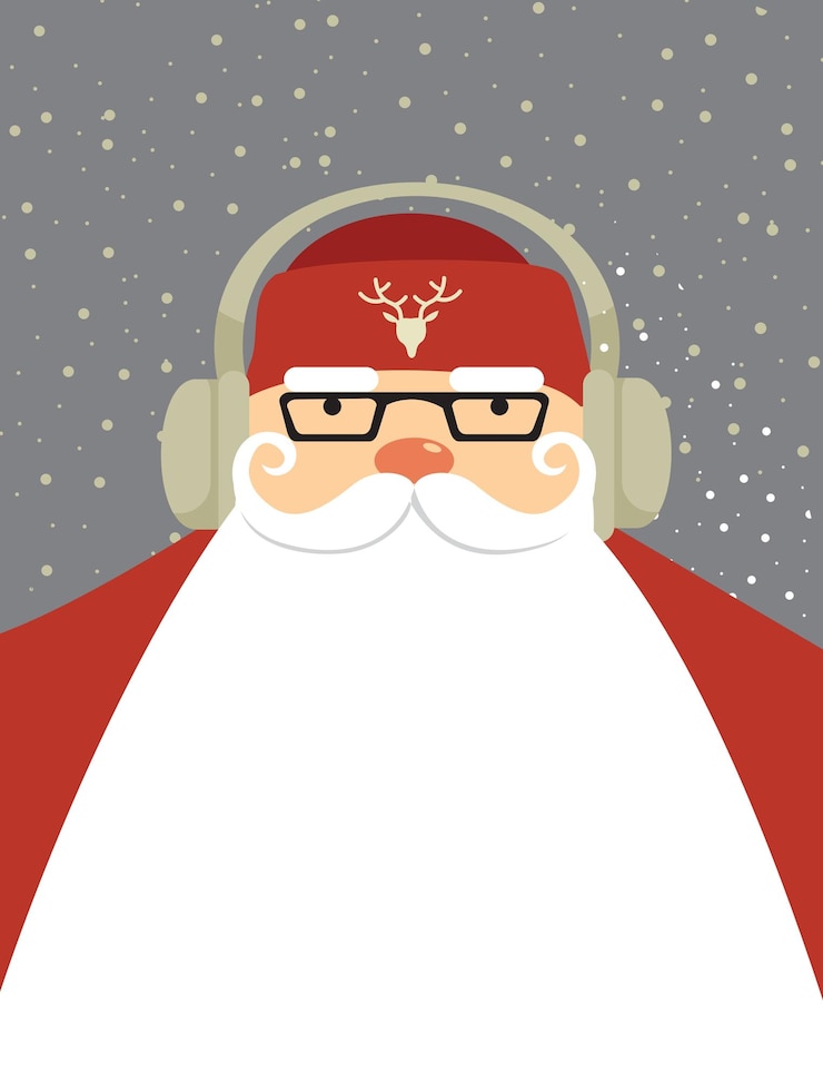 Vector papá noel con auriculares diseño de tarjeta o cartel de navidad con espacio para su copia