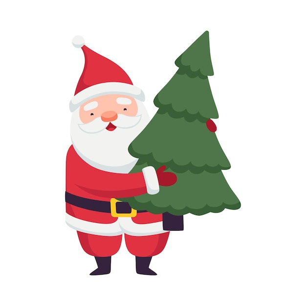 Papá Noel con barba blanca como personaje navideño que lleva el árbol de abeto Ilustración vectorial